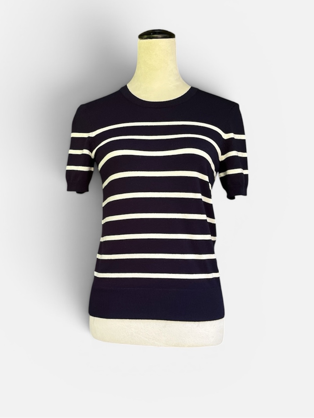 Philosophy Striped Knit Short Sleeve Crewneck Sweater in Navy Blue White Sz XS